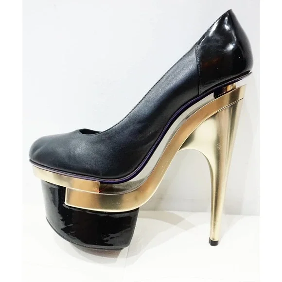 Versace Black Gold Triple Platform Leather Pumps Sky High Heel Shoes 41- RARE